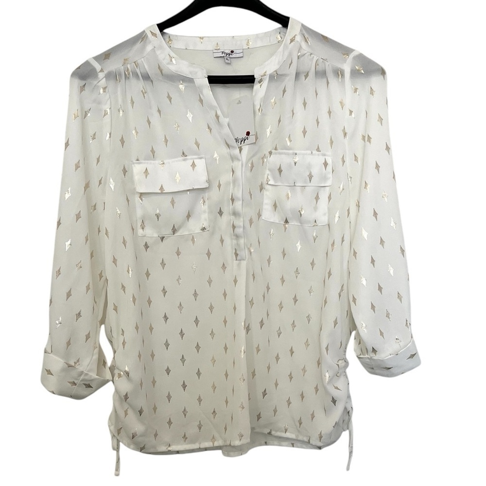 White and Gold Women's Top Size XL 3/4” Sleeves Semi Sheer SEE VIDEO - Picture 3 of 4